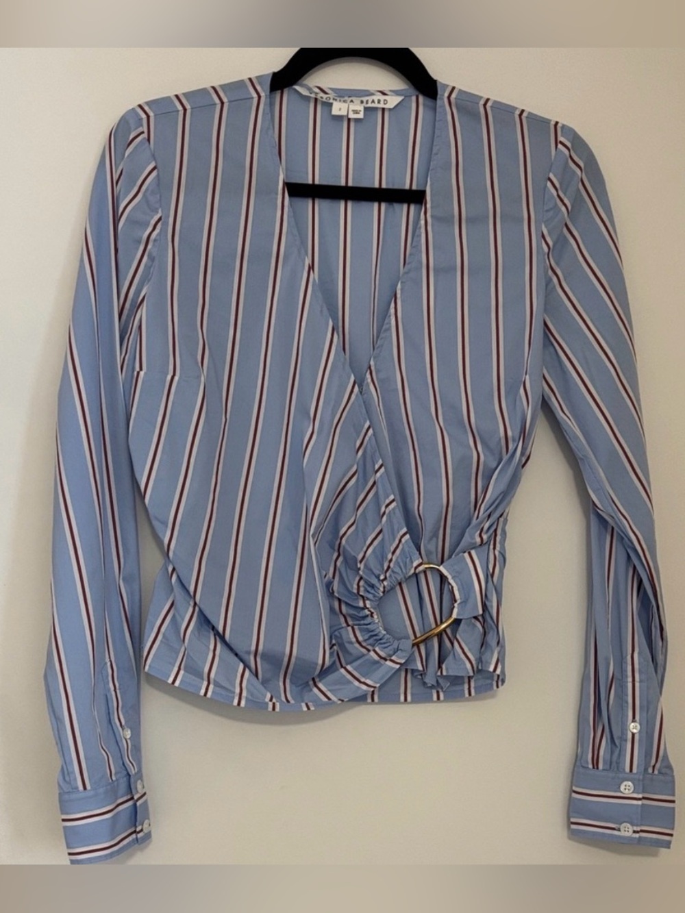 Veronica Beard Light Blue Striped Faux-Wrap Blouse Gold Ring Size 2